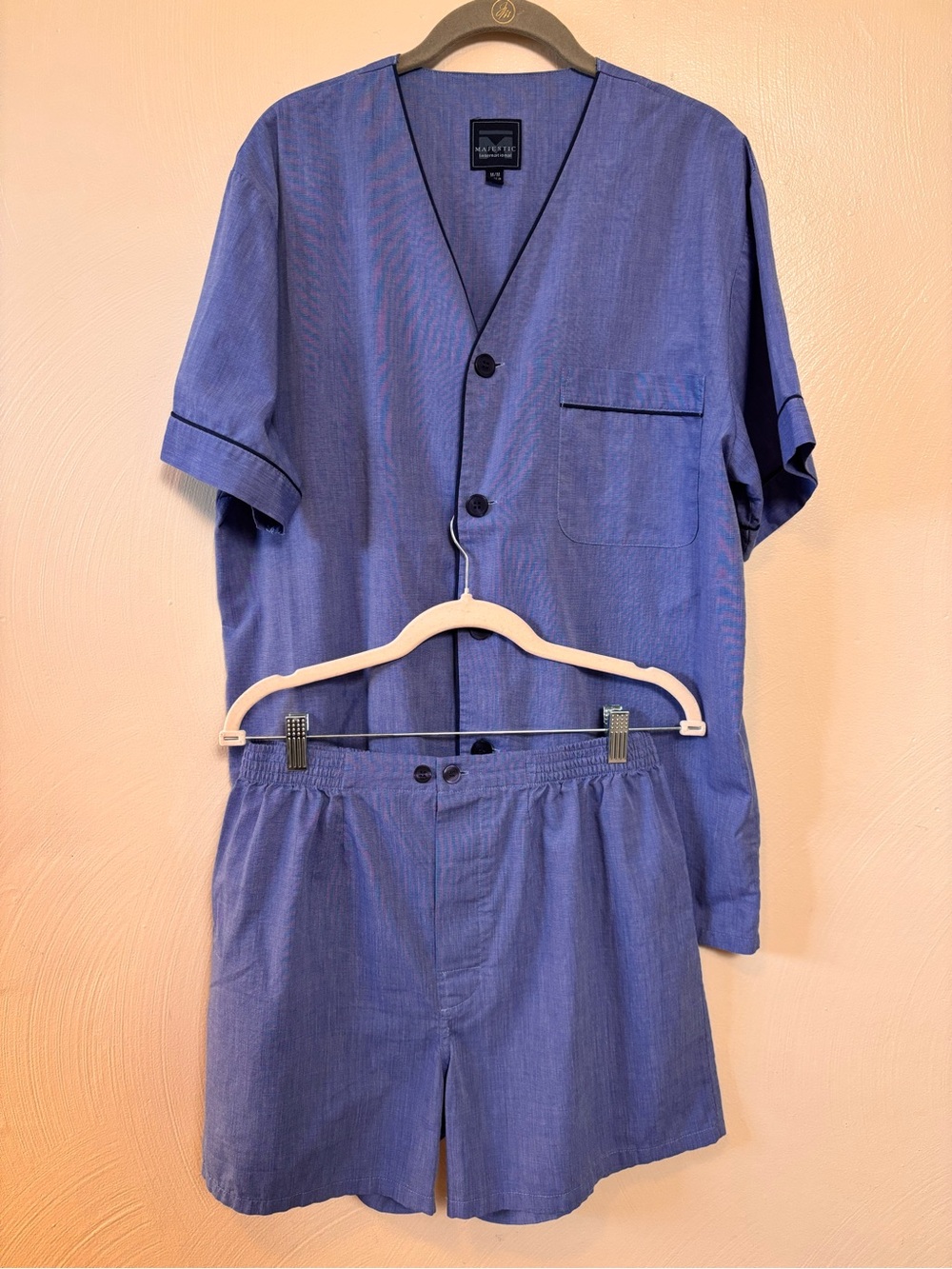 Majestic International Men Pajamas Set Button Up Short Sleeve Boxer Blue Medium